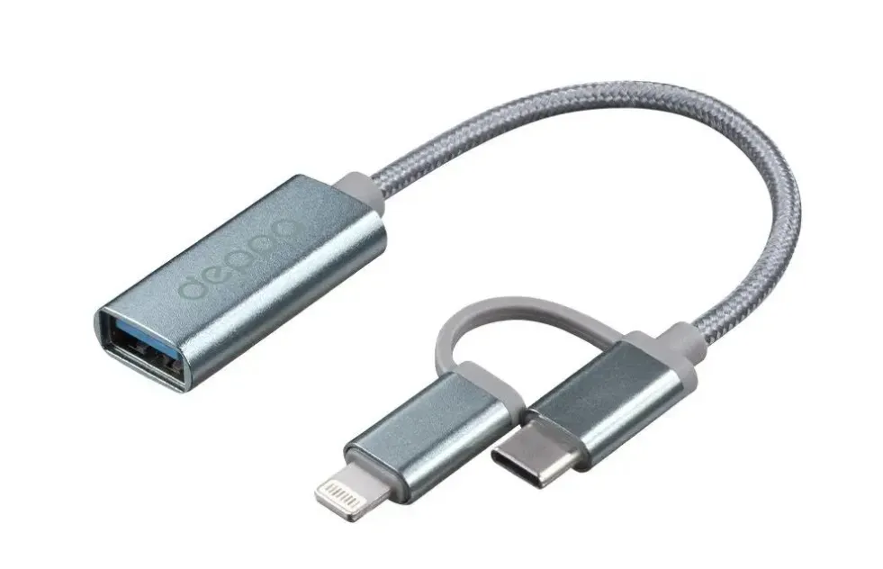 фото Адаптер Deppa (73135) OTG 2в1 USB на Type-C/ Lightning 15см (серый)