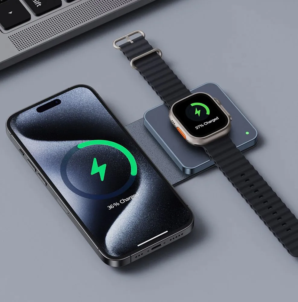 фото Беспроводное зарядное устройство Deppa MagSafe Mini Fold QI 2 в 1 (23165) для смартфона/наушников/Apple Watch 15W (черный)