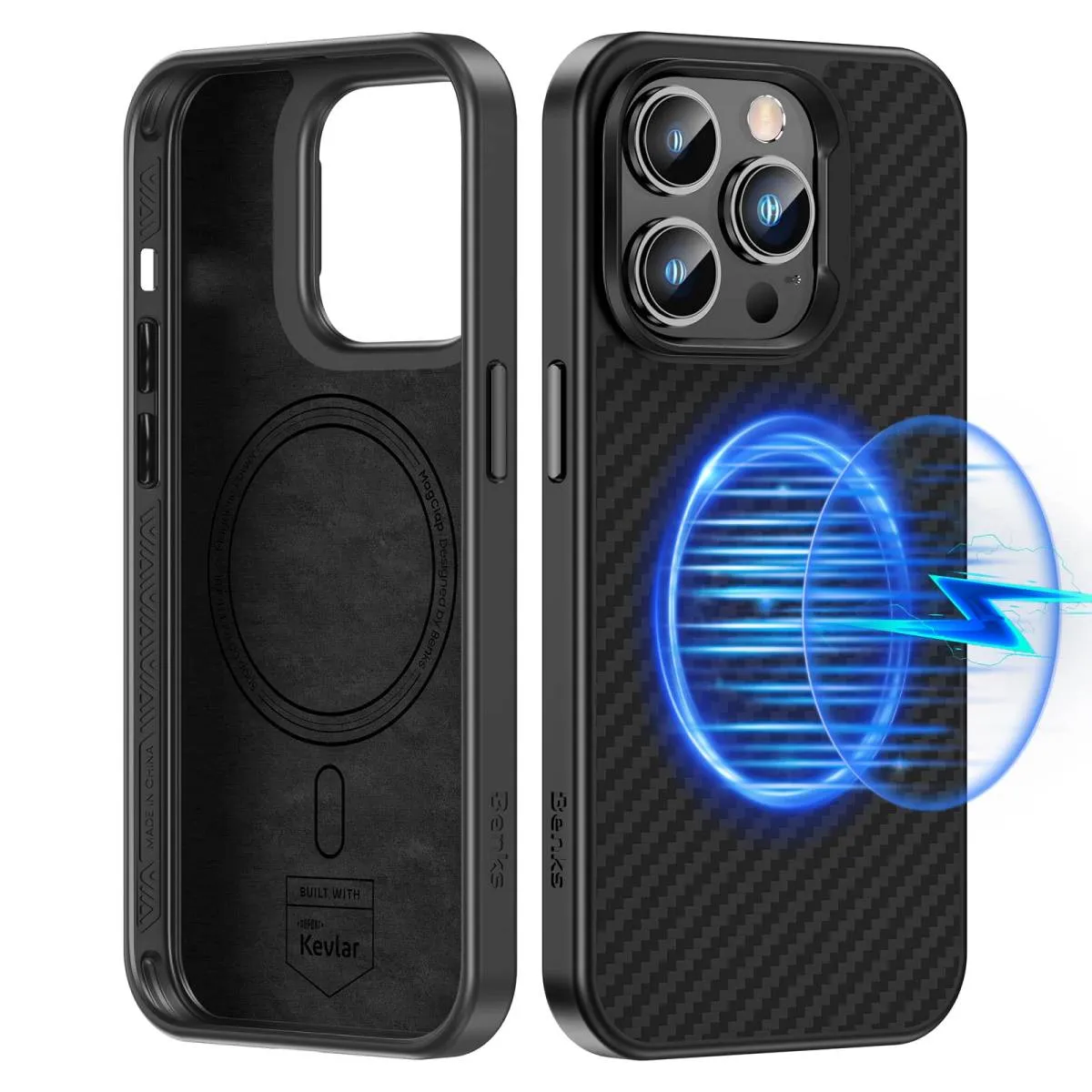 фото Чехол-накладка Benks Magnetic Cooling Kevlar Case для Apple iPhone 14 Pro карбоновый (кевлар) черно-серый в полоску