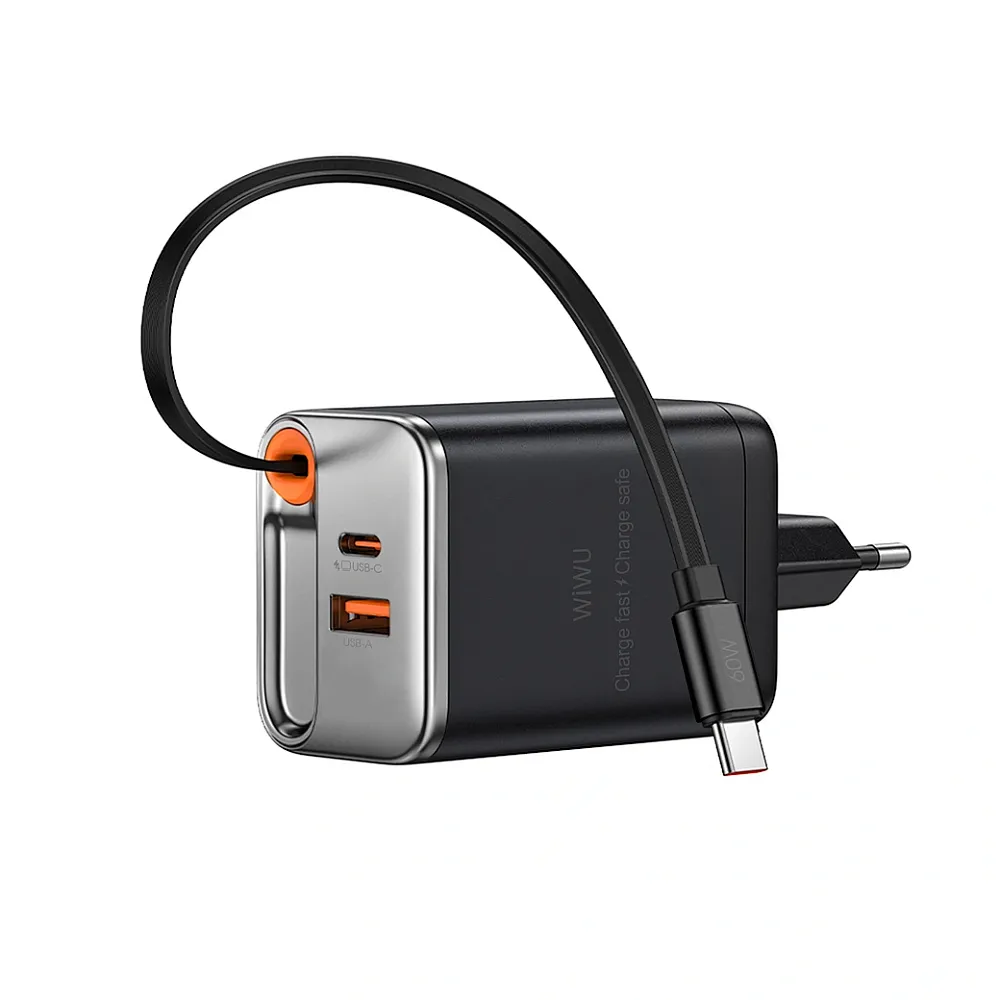 фото Сетевое зарядное устройство WIWU Helix GaN 2 в1 67W USB/Type-C+ кабель Type-C (Wi-G020) (черный)