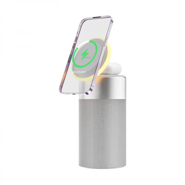 фото Портативная акустика WiWU с функцией беспроводной зарядки и светильником 15W (Wi-W022) (серебристый)