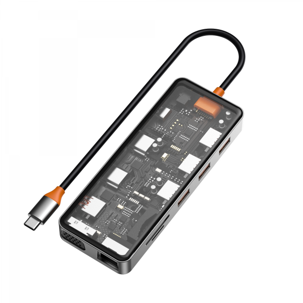 фото Адаптер Wiwu Cyber HUB USB-C 12 в 1 на 2xUSB 3.0/2xUSB 2.0/SD/TF (3.0)/2хHDMI/RJ45/VGA/PD/Audio (CB012) (Gray)