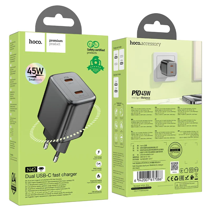 фото Сетевое зарядное устройство Hoco (N42) Elogiado 2xType-C/PD 45W charger (EU) (черный)