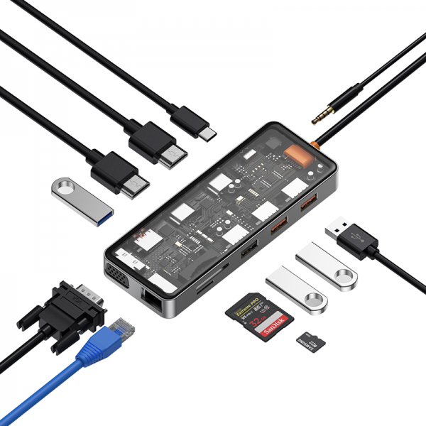фото Адаптер Wiwu Cyber HUB USB-C 12 в 1 на 2xUSB 3.0/2xUSB 2.0/SD/TF (3.0)/2хHDMI/RJ45/VGA/PD/Audio (CB012) (Gray)