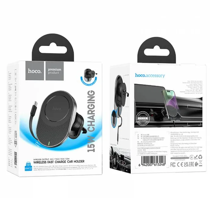 фото Автомобильный держатель Hoco (HW12) Magnetic Wireless Fast Charger 15W (черный/серый)