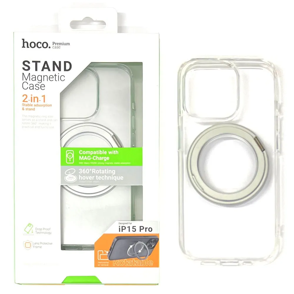 фото Чехол-накладка Hoco Stand Magsafe для iPhone 15 (пластик/кольцо-держатель) (прозрачный)