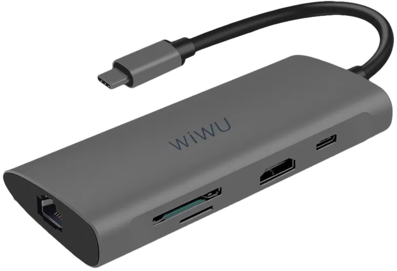 фото Адаптер Wiwu Alpha USB-C 8 в 1 на USB 3.0/Type-C/SD/Micro SD/HDMI/RJ45 (A831HRT) (Gray)