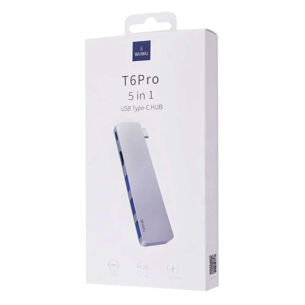 фото Адаптер Wiwu T6Pro Type-C 5 в 1 на USB 3.0/HDMI/PD (Grey)