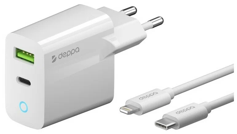 фото Сетевое зарядное устройство Deppa (11396) Wall charger 20W 3.0А USB/Type-C+ кабель Type-C/Lightning (белый)