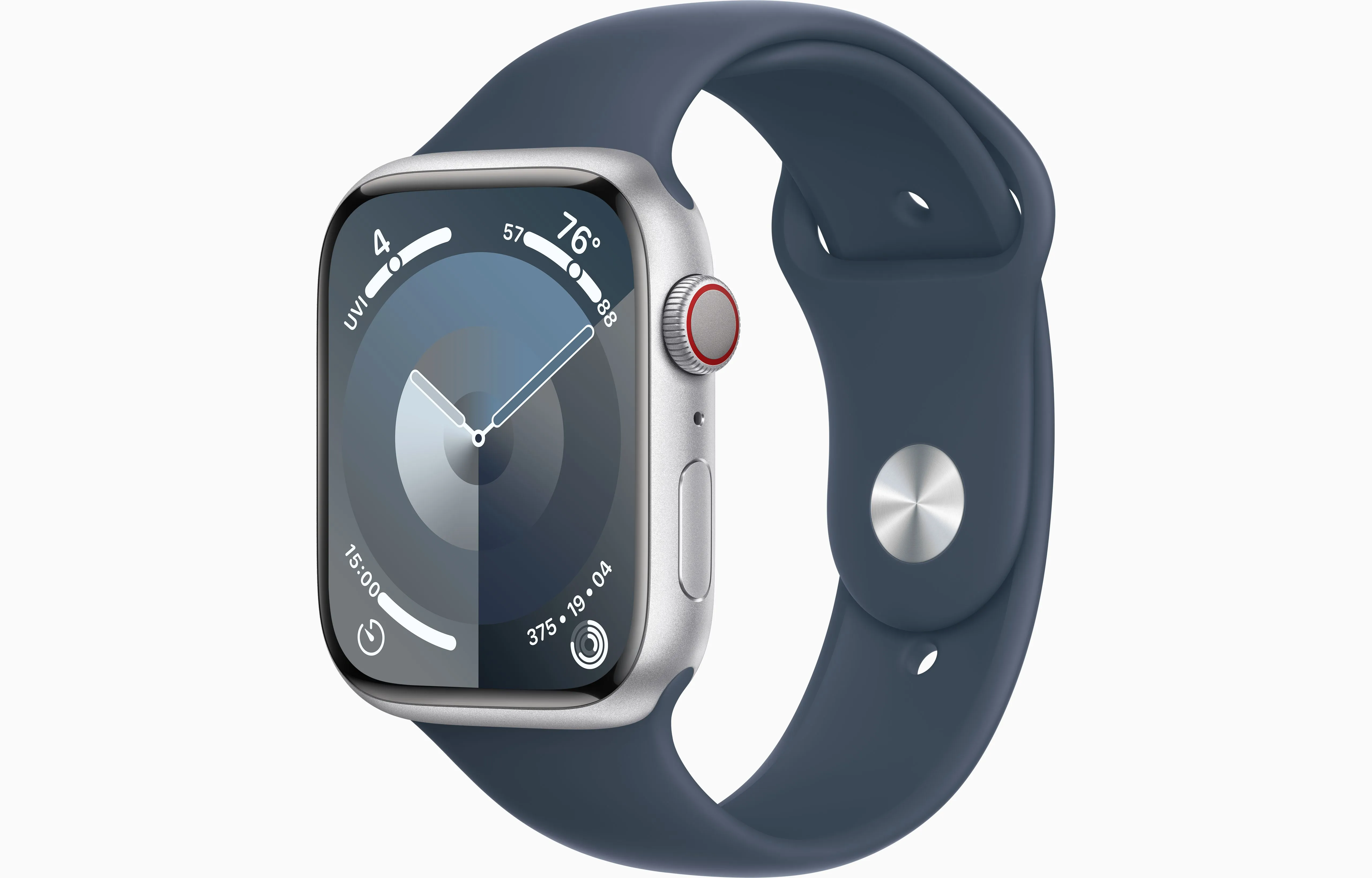 Apple Watch Series 9 45mm (GPS+Cellular) Silver Aluminum Case with Storm Blue Sport Band (S/M) (MRMG3)